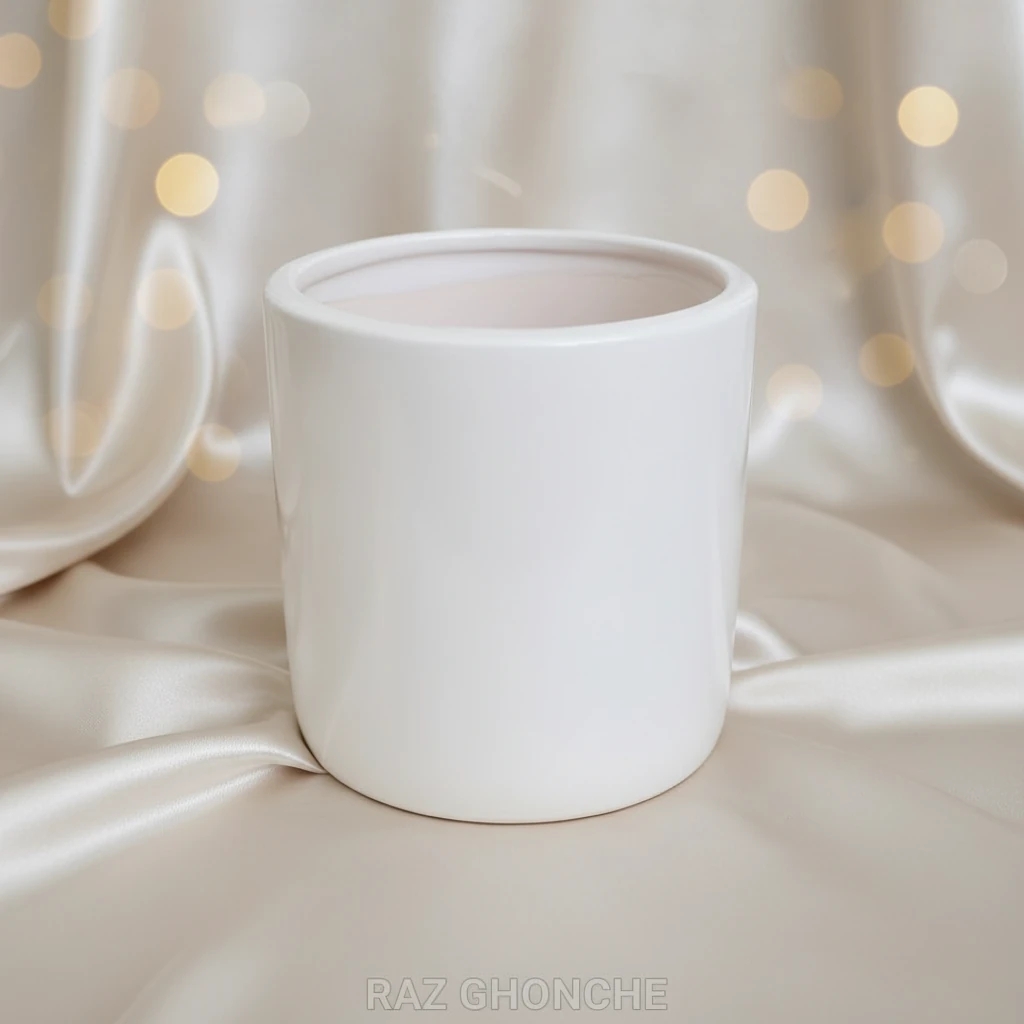 Minimalist plain white ceramic pot with smooth cylindrical design, placed on soft beige satin fabric with warm bokeh lights in the background.