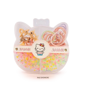 colorful girls’ hair accessories set in Hello‑Kitty‑shaped transparent case, includes pastel elastic bands and mini clips, brand JIAMGI, RAZ GHONCHE
