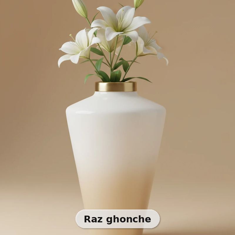 beige and white ceramic vase with golden rim and white artificial orchids, minimalist background, RAZ GHONCHE
