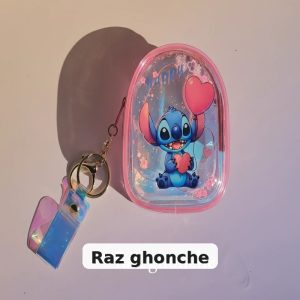 cute Stitch-themed mini pouch with pink transparent body, blue cartoon character holding heart balloon, rainbow keychain strap, RAZ GHONCHE