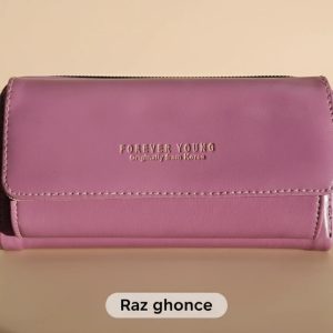 pink women’s leather wallet with “Forever Young – Originally from Korea” embossed text, elegant lighting, RAZ GHONCHE