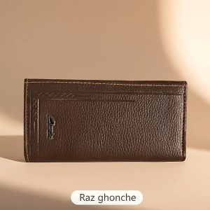 dark brown genuine leather men’s wallet with textured surface and embossed pattern, elegant lighting, RAZ GHONCHE