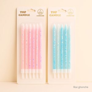 Two packages of thin, pastel-colored birthday candles: one pink set and one light blue set. The candles are filled with iridescent glitter flakes and are branded “TOP CANDLE codeno35”.