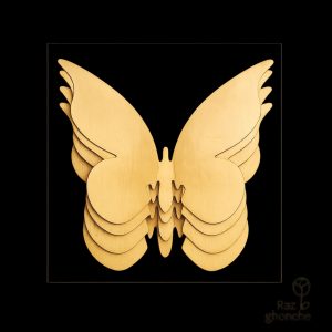 A single, multi-layered 3D butterfly magnet made of glossy, bright wood/MDF. The layers are slightly offset to create a dynamic depth effect.