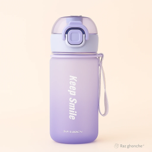 Matte finish sport water bottle (bpa-free plastic) in a soft purple/lavender color, featuring a rounded flip-lock lid and a carrying strap. The bottle has the motivational text “Keep Smile” printed vertically in white, and the brand “ST-YIBEN” at the bottom.