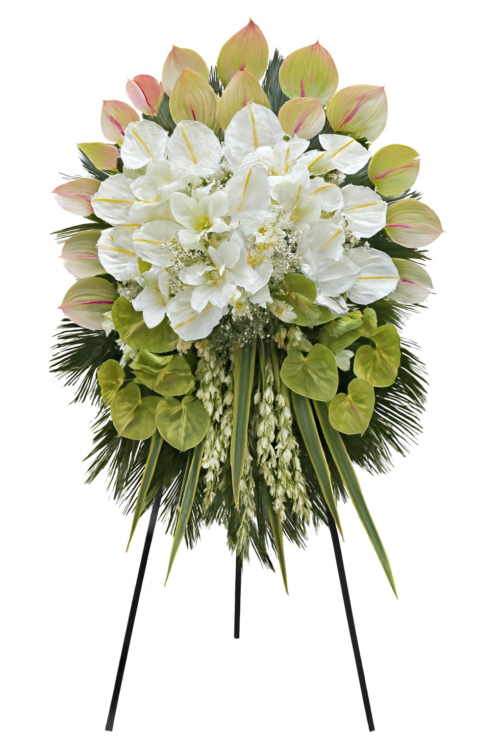Luxury white-green ceremonial floral stand with white lilies, green anthuriums and premium greenery on a tall black stand.