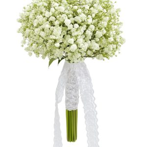 Bridal bouquet of white baby's breath with a lace-wrapped handle and long lace ribbons on a white background.