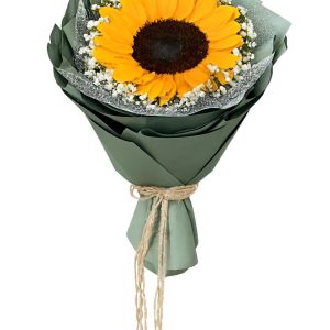 Single sunflower bouquet wrapped in matte green paper with white baby's breath accents and tied with natural jute rope on a white background.