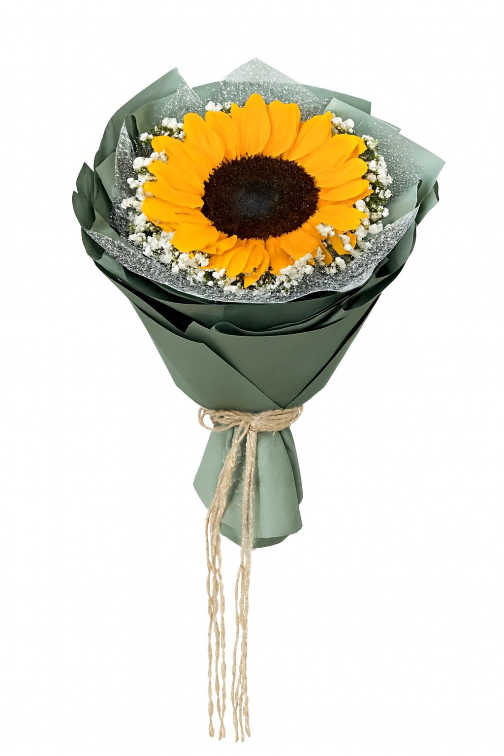 Single sunflower bouquet wrapped in matte green paper with white baby's breath accents and tied with natural jute rope on a white background.