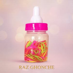 colorful nylon hair elastics in baby bottle shaped plastic jar with pink cap