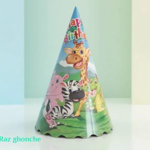 set of two colorful cone birthday party hats for kids, glossy cardboard material, bright and cheerful design, RAZ GHONCHE