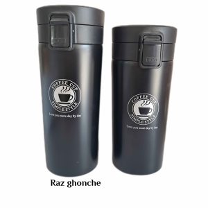 two black stainless‑steel coffee mugs with push‑lock lids and white logo “Coffee Cup Simple Style – Love you more day by day”, RAZ GHONCHE