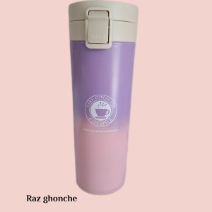 gradient purple‑pink stainless‑steel coffee mug with beige push‑lock lid and white logo “CAKA Coffee Cup Cafe Style – Love you more day by day”, RAZ GHONCHE