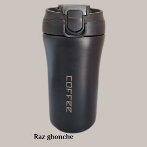 black stainless‑steel coffee mug with push‑lock lid and vertical metallic “COFFEE” text, minimal design RAZ GHONCHE