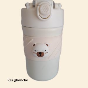 white insulated mug with cute sleepy bear face and textured silicone grip, flip‑lock lid, RAZ GHONCHE