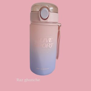 pink‑to‑blue gradient sport water bottle with clear flip‑cap, white button, and ALIVE SPORT silver logo, RAZ GHONCHE