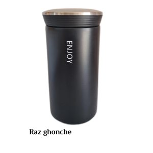 black stainless‑steel thermal mug with silver metal lid and vertical white text “ENJOY”, minimal design RAZ GHONCHE