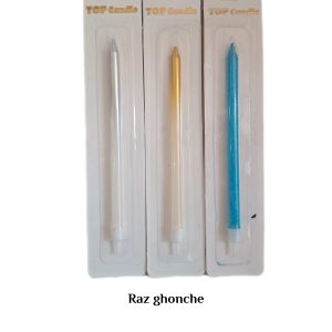 Three individually packaged stick birthday candles: one silver metallic, one gold metallic, and one bright blue glitter. All packages are branded “TOP Candle”.