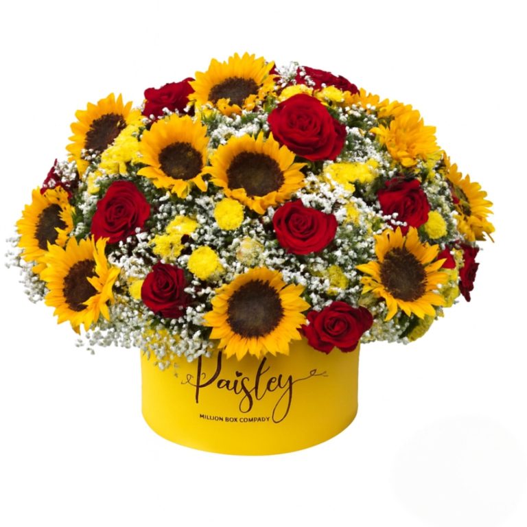 Bright floral box with sunflowers, red roses, yellow mini carnations, and baby's breath arranged in a round yellow hatbox on a white background.