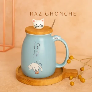 fantasy ceramic cat design wooden lid mug