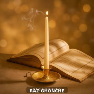 tall gold decorative candle with classic holder beside open book