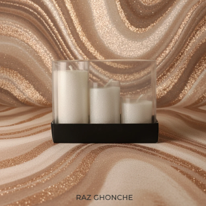 set of three glossy white pillar candles in transparent box