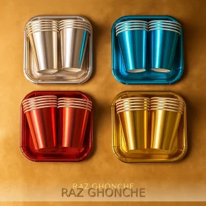 metallic party cups and plates set in gold silver red and blue colors on golden background