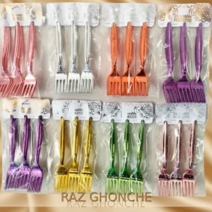 set of nine metallic disposable forks in assorted shiny colors for party tableware