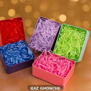 colorful decorative shredded ribbons for gift box fillers in red, blue, pink, green, and purple containers, RAZ GHONCHE