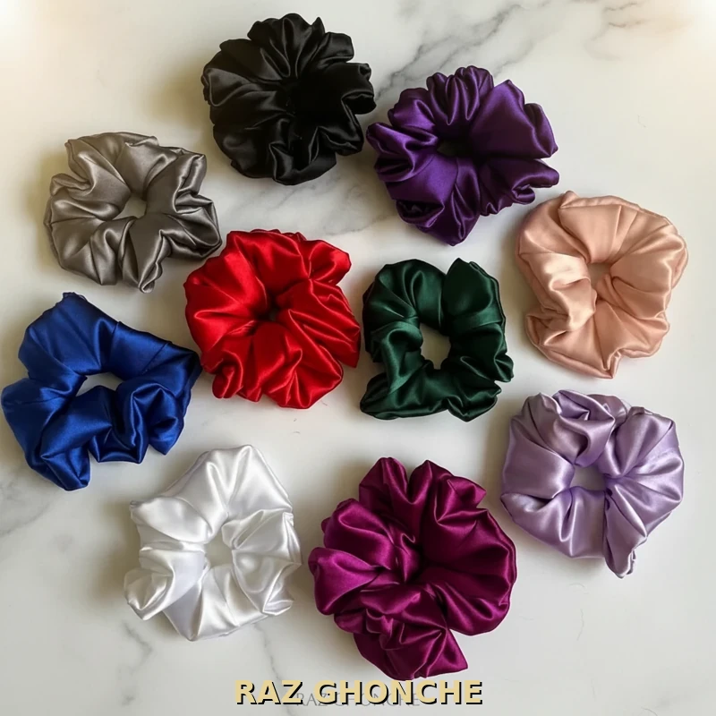 colorful satin scrunchies set in various colors including red, black, purple, pink, blue, white, silver, green, and lilac on white marble background