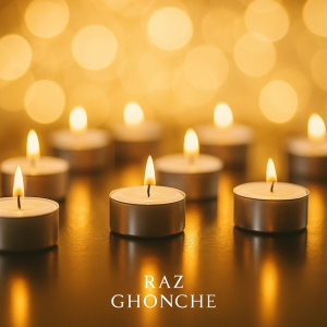 silver tea light candles glowing warmly on reflective surface with bokeh golden lights background