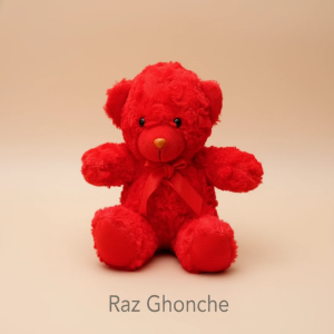 soft red teddy bear plush toy with ribbon bow sitting on light beige background