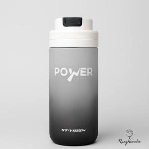 Insulated travel mug or bottle with a modern gray-to-black gradient matte finish. The bottle features the word “POWER” in white, along with “SAVE YOUR POW.ER.” The lid is white with a black rubberized flip cap. Brand name “ST-YIBEN” is printed on the bottom.