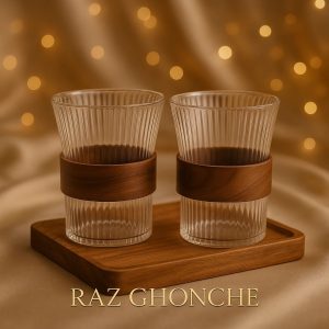glass cup set with wooden handle and tray